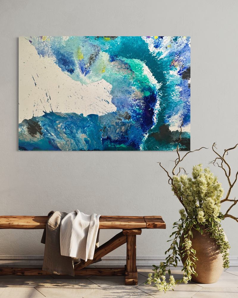 Quadro blu e turchese con schizzi su fondo bianco