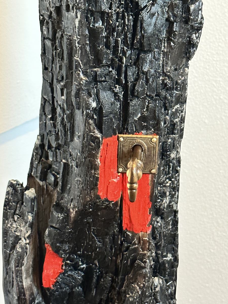 Dettaglio del tronco bruciato: rosso e una serratura d'ottone